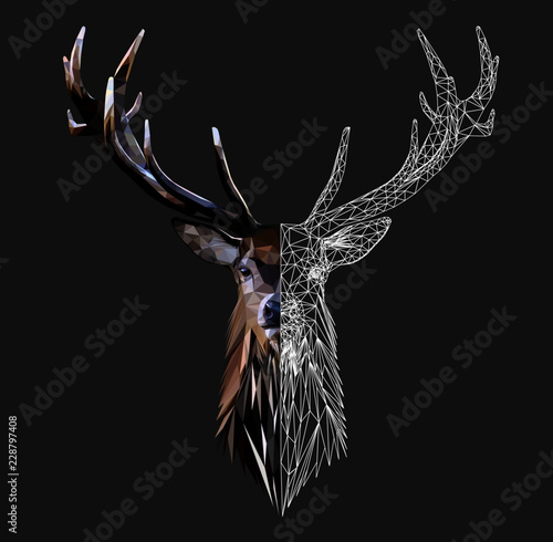 Wild deer head with horns on grey background, low poly triangular and wireframe vector illustration isolated. Polygonal style trendy modern logo design. Suitable for printing on a t-shirt.