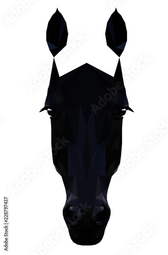 Low poly triangular black horse head on white background, vector illustration isolated.  Polygonal style trendy modern logo design. Suitable for printing on a t-shirt.