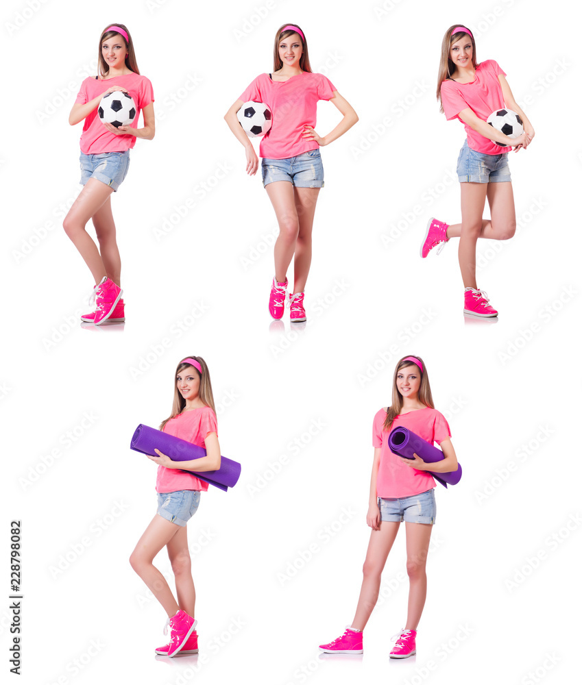 Woman with football on white Woman with football on white