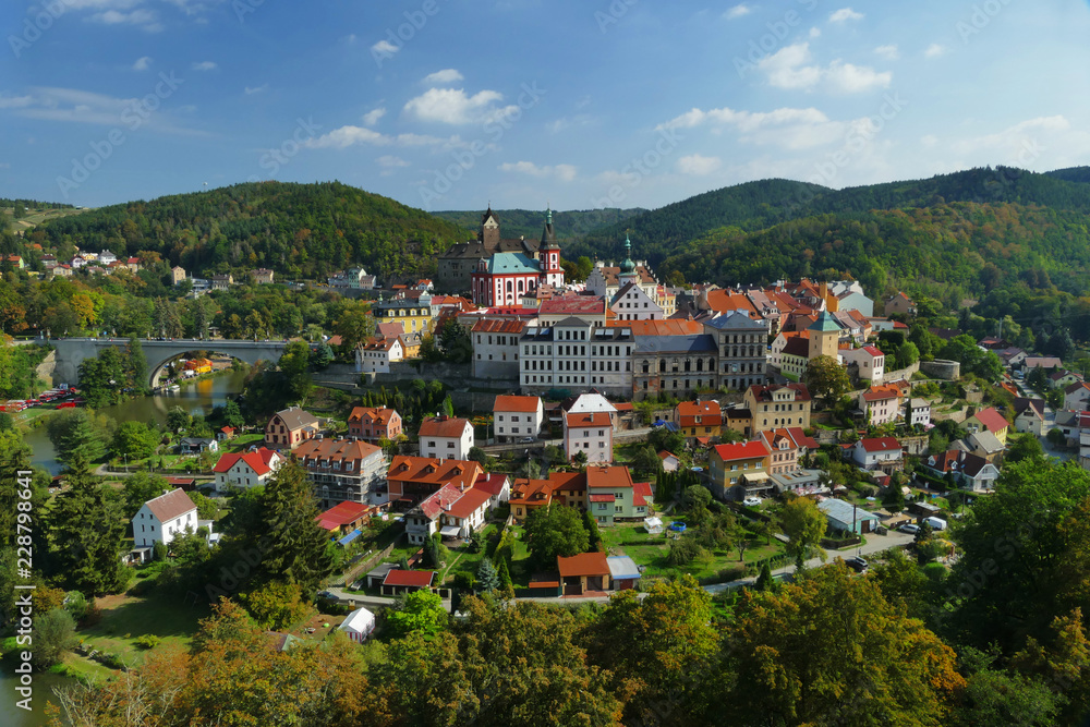 Panoramic view of famous medieval town Loket with castle above Ohre river, Karlovy Vary, Czech Republic