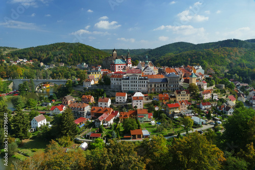 Panoramic view of famous medieval town Loket with castle above Ohre river, Karlovy Vary, Czech Republic