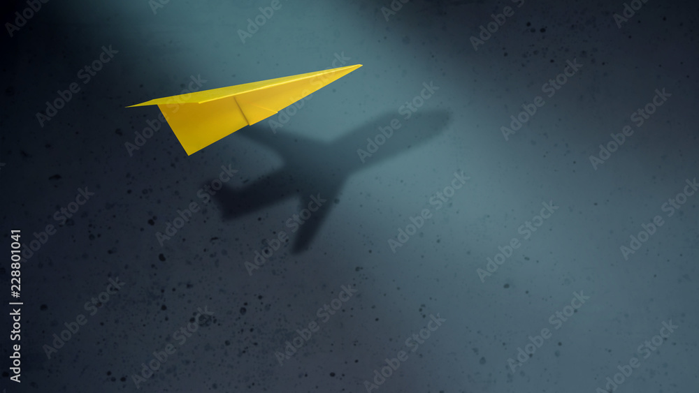 Think Big and Motivation in Business Concept. Paper AirPlanes Flying with Shadow of Aircraft over the Wall - obrazy, fototapety, plakaty 