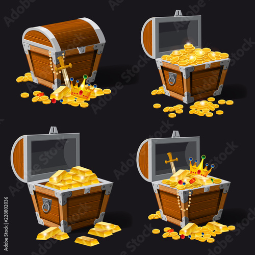 Set old pirate chests full of treasures, gold coins, ingots, jewelry, crown, dagger, vector, cartoon style, illustration, isolated. For games, advertising applications