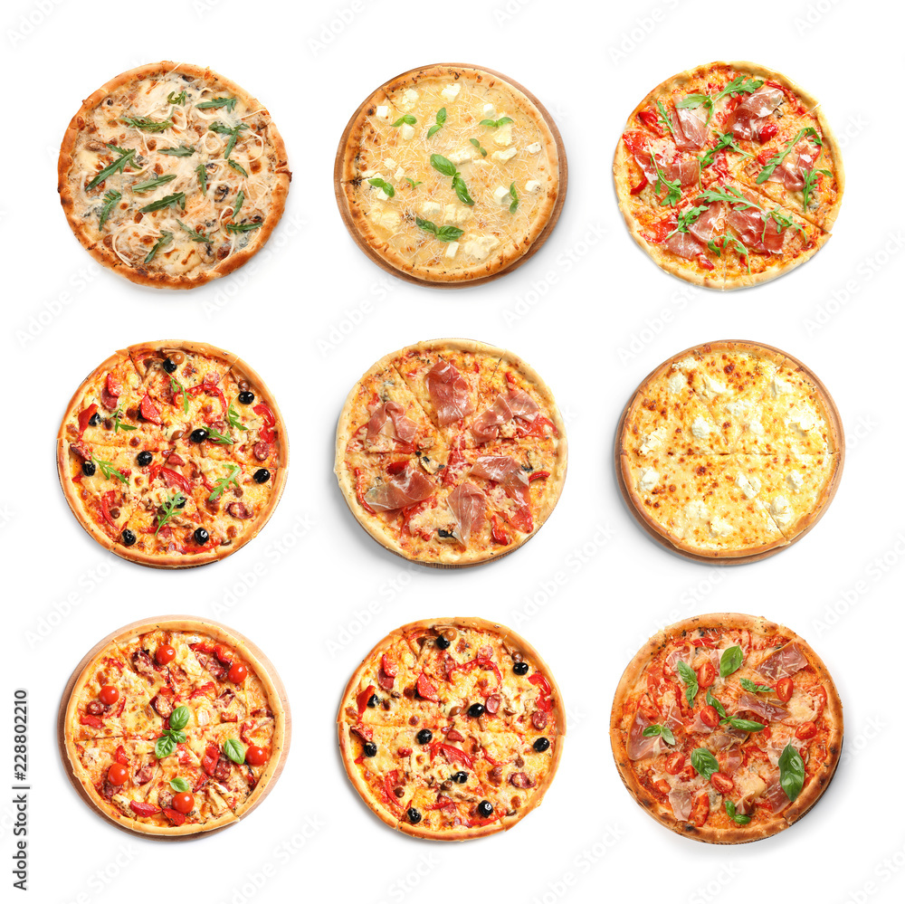 Set with different delicious pizzas on white background, top view Set with different delicious pizzas on white background, top view