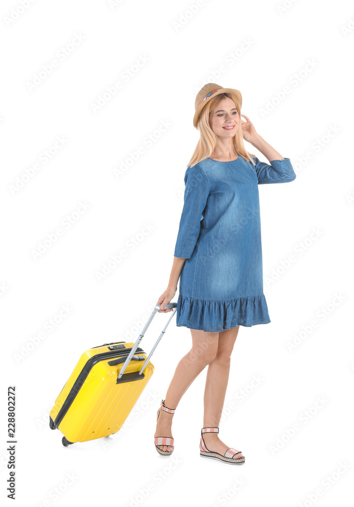 Woman with suitcase on white background. Vacation travel Woman with suitcase on white background. Vacation travel