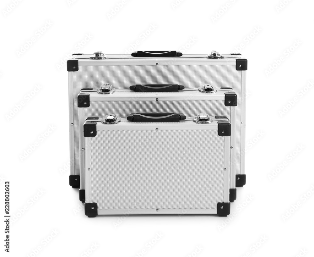 Set of modern suitcases on white background Set of modern suitcases on white background