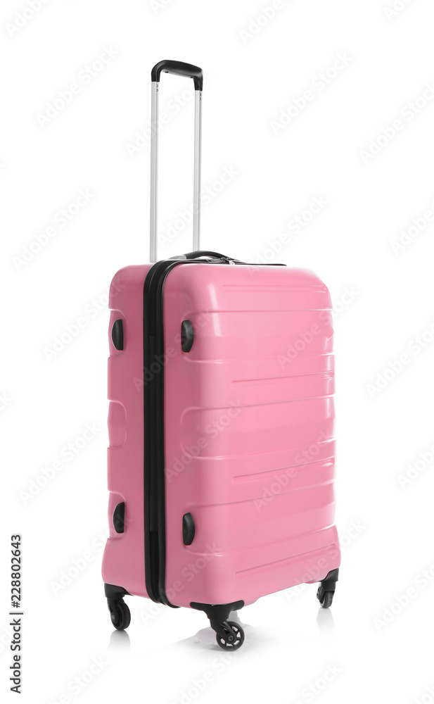 Trendy pink suitcase on white background Trendy pink suitcase on white background