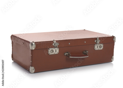 Classic brown suitcase on white background