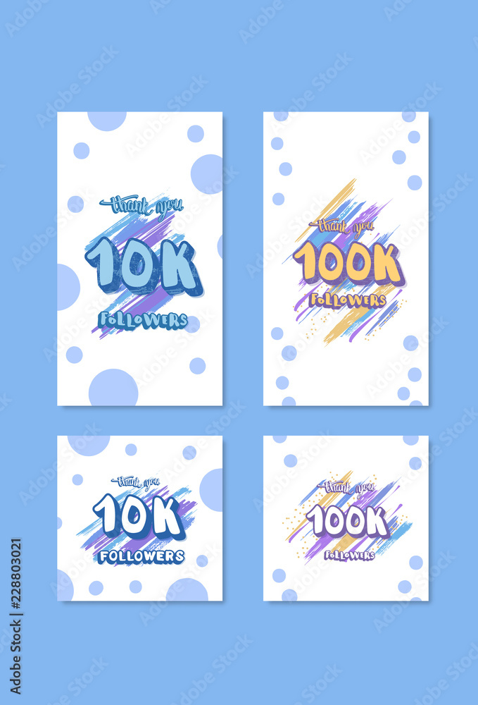 10K and 100K followers thank you cards. Vector social media template.