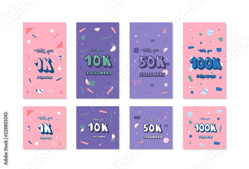 1K, 10K, 50 K, 100K followers cards. Vector social media template.