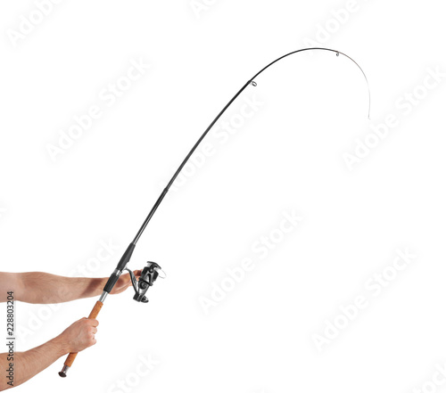 Photographie Man holding fishing rod on white background, closeup