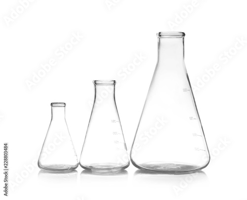 Empty conical flasks on table. Laboratory analysis