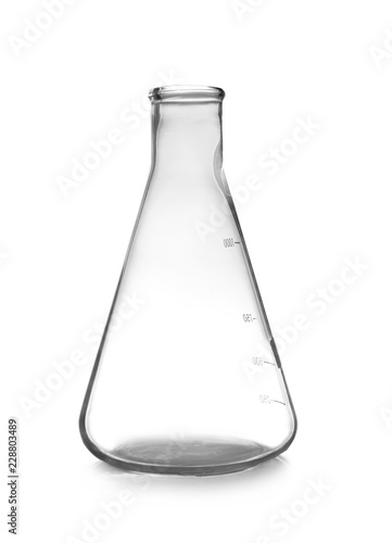 Empty Erlenmeyer flask on table. Laboratory analysis