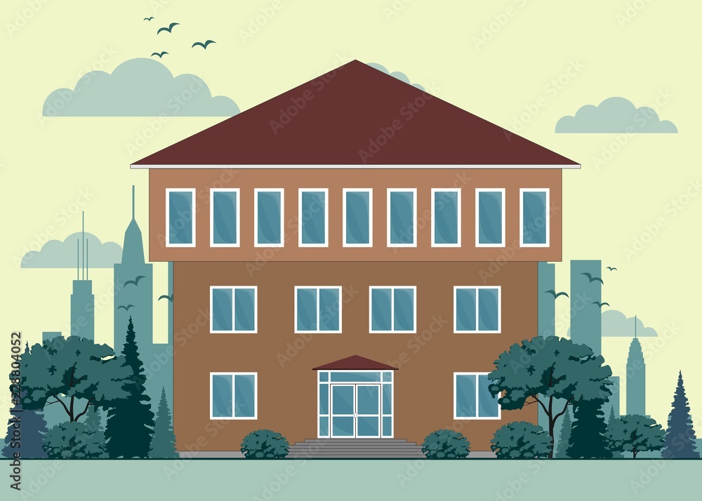 Cute graphic private houses with city landscape . Flat style vector illustration