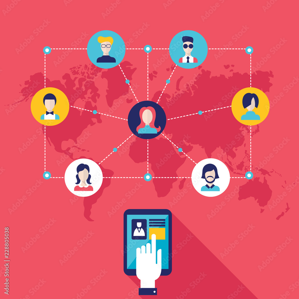 Hand touching tablet with web icons Social network Communication concept Vector illustration Hand touching tablet with web icons Social network Communication concept Vector illustration