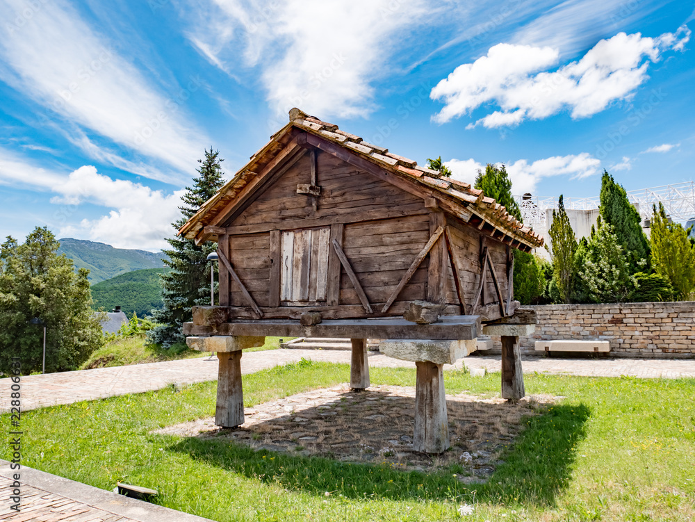 Old wooden Horreo, typical rural construction in Spain. Riano, province of Leon. Castile and Leon, northern Spain Old wooden Horreo, typical rural construction in Spain. Riano, province of Leon. Castile and Leon, northern Spain