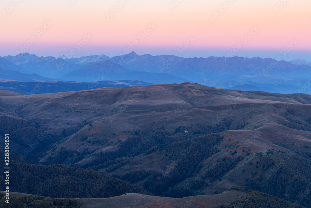 Caucasus from Bermamyt Plateau at blue dawn