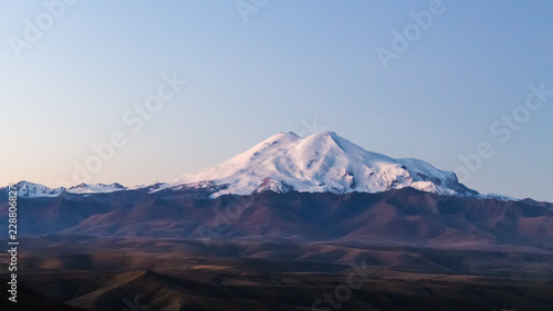 view of Mount Elbrus from Bermamyt Plateau at dawn