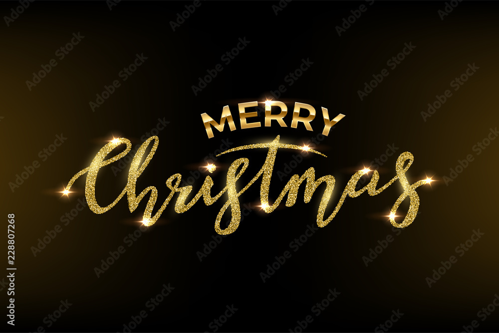 Merry Christmas text made of golden glitter and golden frame with glitter isolated on black background. Vector Christmas luxury design template. Merry Christmas text made of golden glitter and golden frame with glitter isolated on black background. Vector Christmas luxury design template.