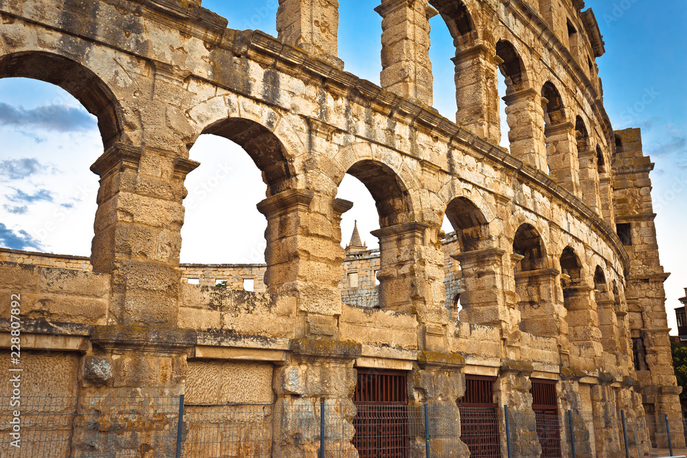 Arena Pula historic Roman amphitheater arches and detail view