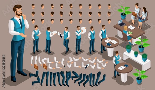 Isometric vintage background, male bank worker, set of gestures of hands and feet, hairstyles, emotions create your character. Create your own manager 4
