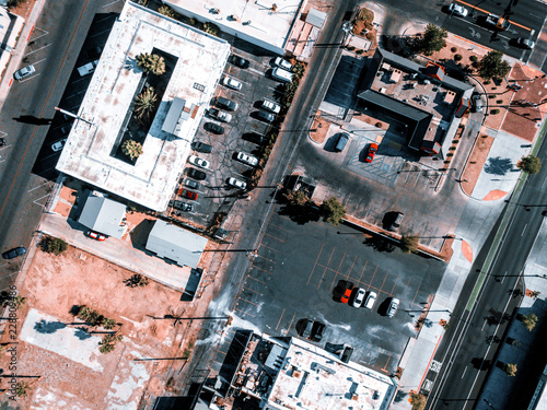 Aerial view of the Las Vegas streets from above. The strip and other buildings.