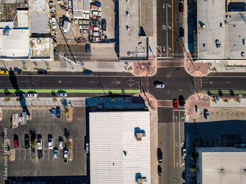 Aerial view of the Las Vegas streets from above. The strip and other buildings.