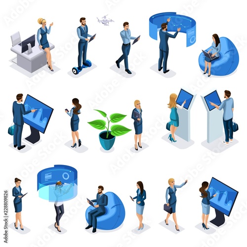 Isometric set of businessmen and business ladies with gadgets, high tech technology, smartphones, laptops, interactive screen, virtual reality, tablet