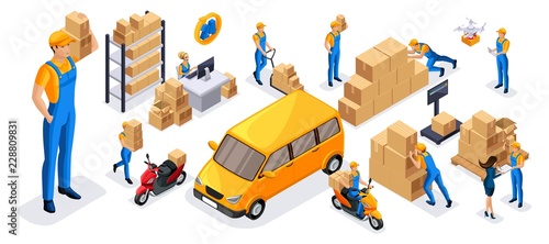 Isometric set of 2 service delivery icons, couriers carry orders, ride on official vehicles, scooter, car, drone quadrocopter, fast delivery