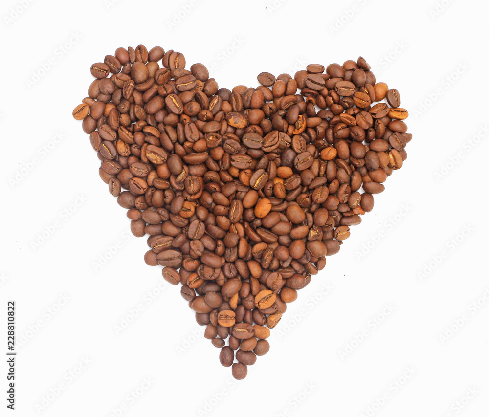 Heart-shaped coffee beans isolated from a beautiful white background, illustrations, can be attributed to other works. Heart-shaped coffee beans isolated from a beautiful white background, illustrations, can be attributed to other works.