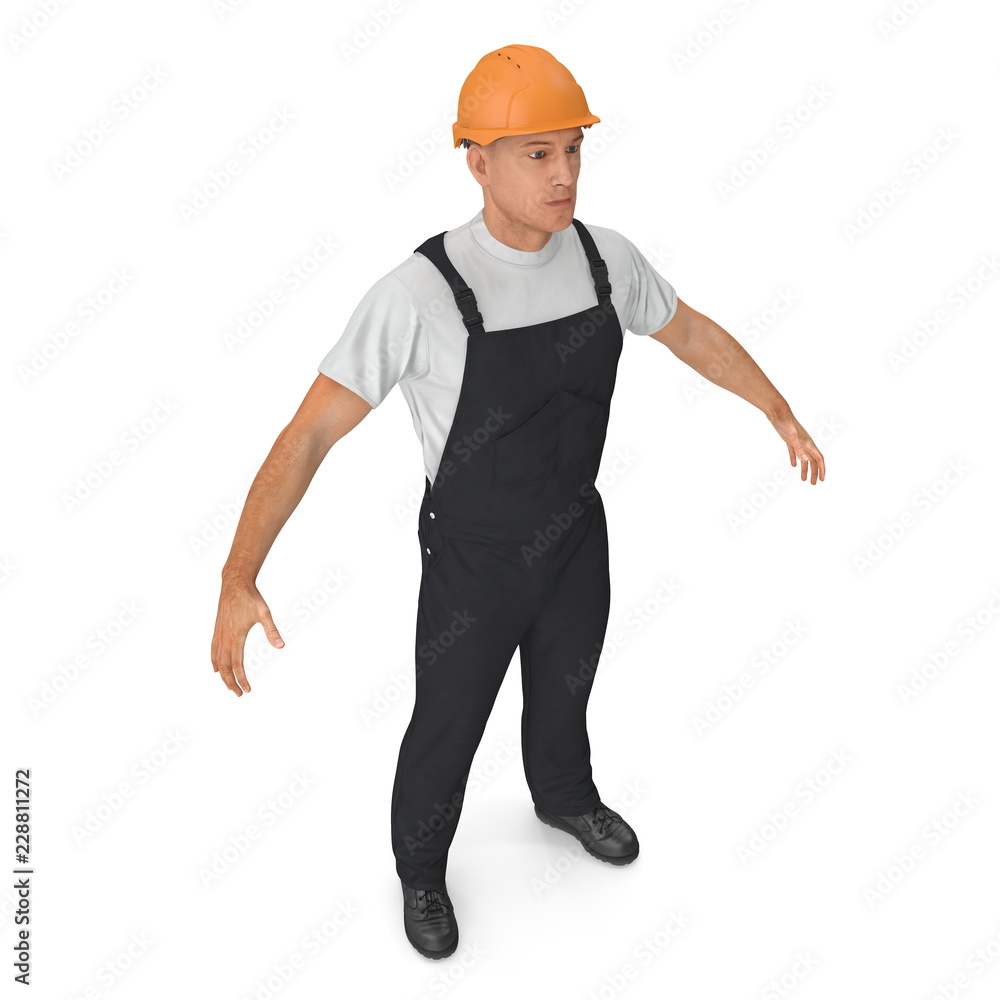 Worker In Black Uniform with Hardhat Standing Pose. 3D illustration, isolated