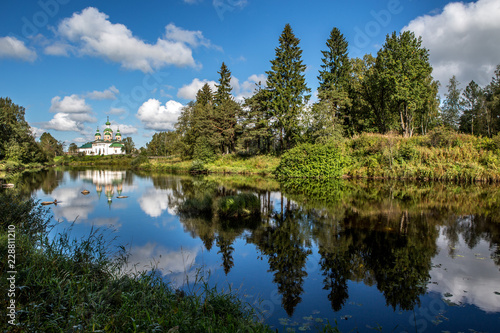 Olonets city. River Megrega. River Olonka. Church of the Smolensk icon Santa Maria.