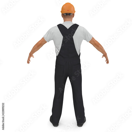 Worker In Black Uniform with Hardhat Standing Pose. 3D illustration, isolated