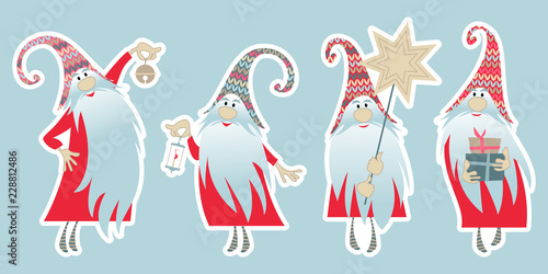 Scandinavian Christmas tradition. Stickers with 4 multi-colored gnomes with gifts, candles, bells and a Christmas star. Vector illustration