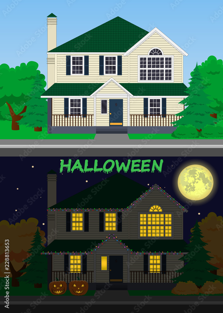 Vector family house. Holiday decorations. Happy halloween day.
