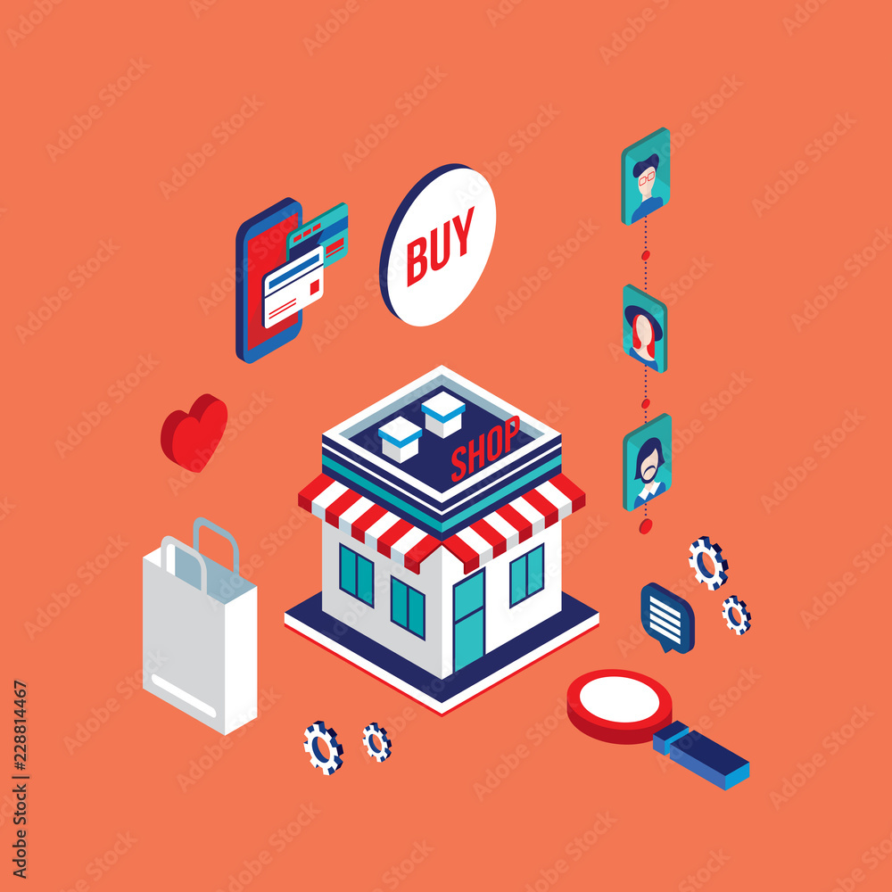 Flat 3d isometric design concept Shopping and e-commerce Vector illustration