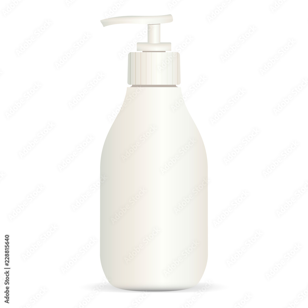 Realistic cosmetic bottle on a white background. Package with pump dispenser for cream, liquid soup, foam, shampoo. Vector illustration. Realistic cosmetic bottle on a white background. Package with pump dispenser for cream, liquid soup, foam, shampoo. Vector illustration.