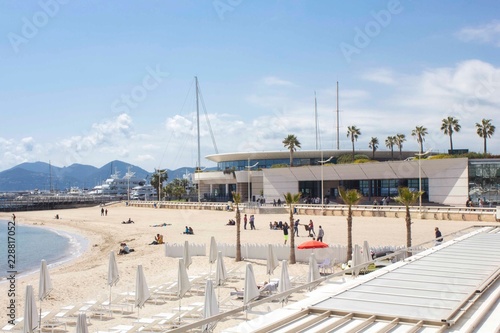 CANNES, FRANCE - APRIL24 2017: Beach facing the Palais du festival in Cannes, France