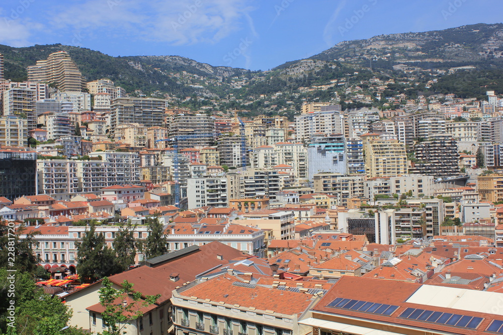 Buildings in Monte Carlo, surrounded by the alps