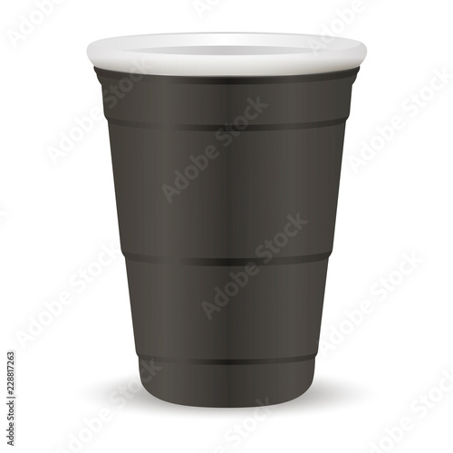 Black party cup realistic 3d vector illustration. Disposable plastic or paper container mockup for drinks and fun games isolated on white background.