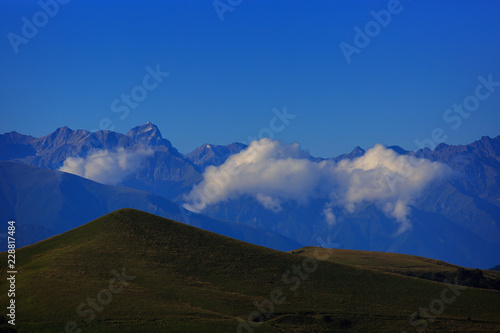 View of the hills at sunset in the foothills of the North Caucasus in Russia.