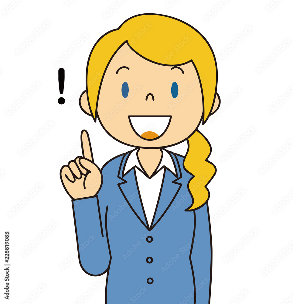 二頭身 外国人 紺色のスーツの女性 人差し指をさす ひらめく 二頭身 外国人 紺色のスーツの女性 人差し指をさす ひらめく