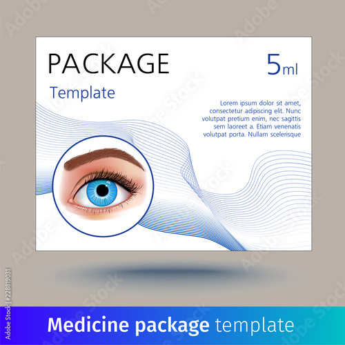 Vector medicine package template with realistic eye. Box with medical accessories for eye care, used to correct vision. Mockup for product ads, package design