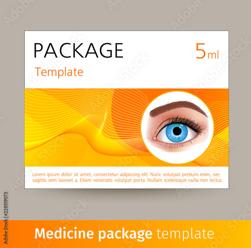 Vector medicine package template with realistic eye. Box with medical accessories for eye care, used to correct vision. Mockup for product ads, package design