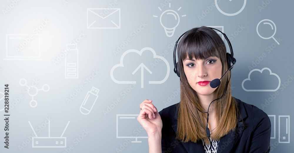 Young female telemarketer with white mixed media icons around her Young female telemarketer with white mixed media icons around her