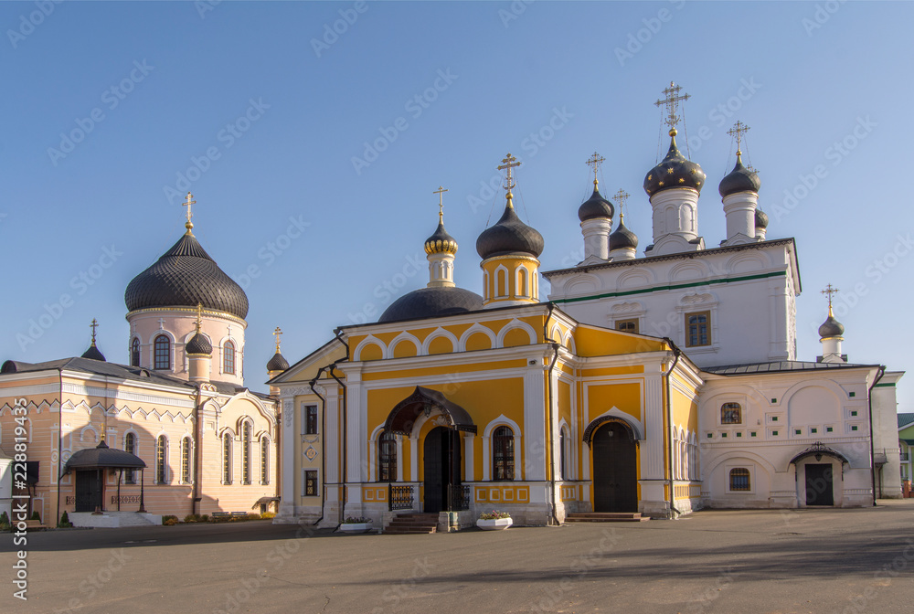 Several ancient churches with beautiful domes. Orthodox monastery of the ascension of David deserts. Russia.