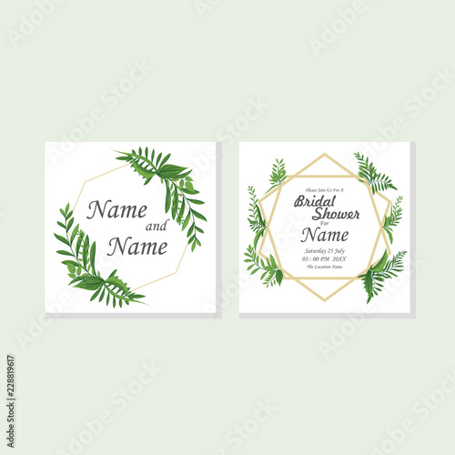 Wedding floral watercolor style double invite  invitation  save the date card design with forest greenery herbs  leaves  branches. Vector natural  botanical  elegant template EPS 10 Vector.