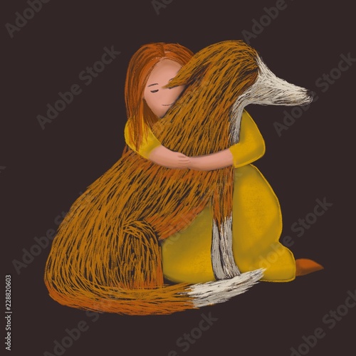 Digital sketchy illustration of a red dog hugging with a girl
