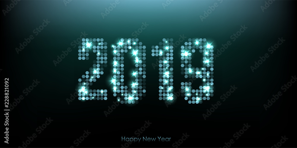 2019 New Year glitter words on shiny background. Vector party flyer template.
