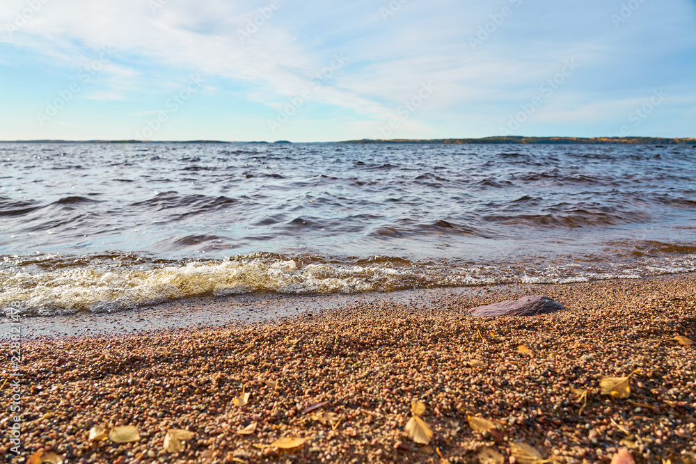 Sandy beach with blurred autumn leaves on a foreground and waving water and horizon on a background. Blue cloudy sky. Sandy beach with blurred autumn leaves on a foreground and waving water and horizon on a background. Blue cloudy sky.